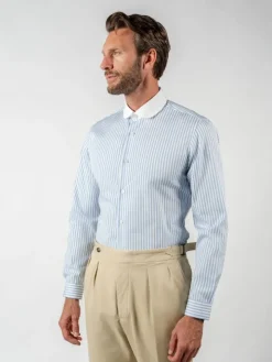 Chemise infroissable col rond à rayures bleu ciel