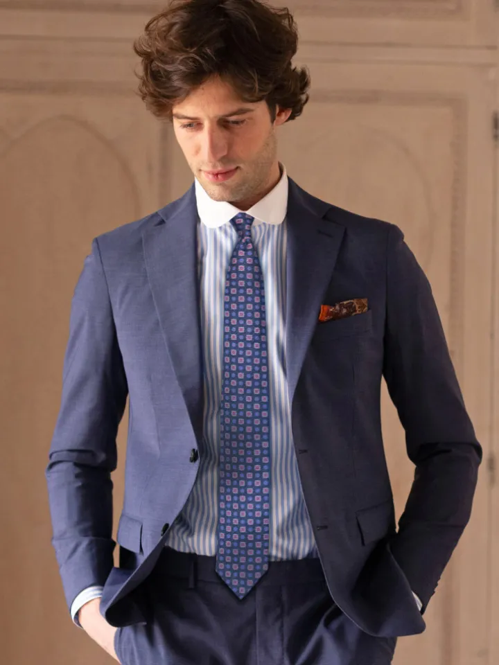 Chemise infroissable col rond à rayures bleu ciel