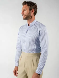 Chemise infroissable col droit à rayures bleu ciel