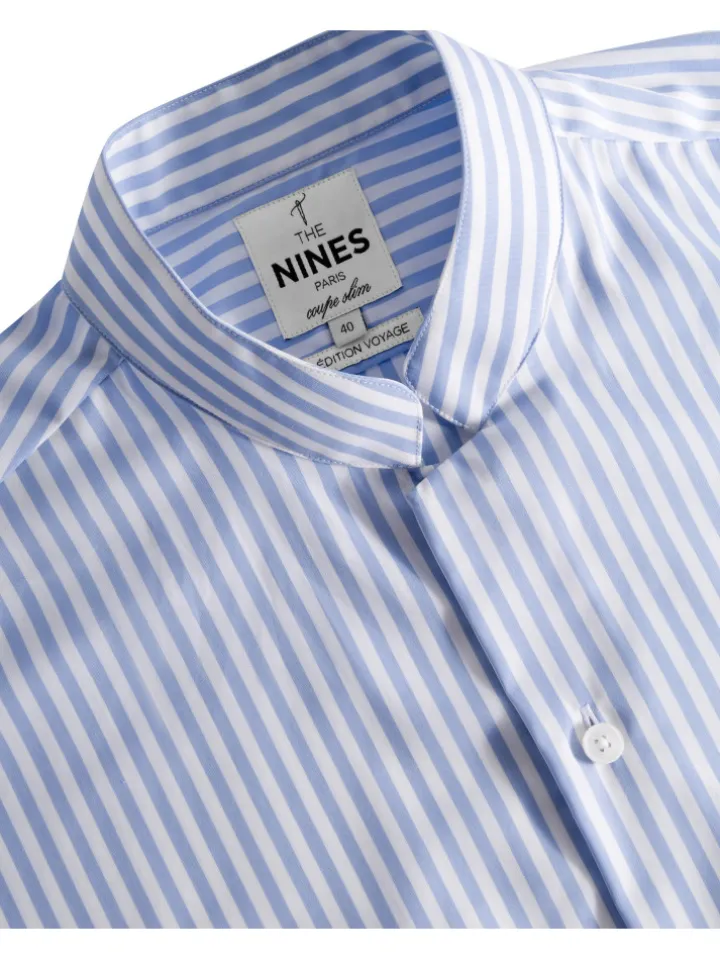 Chemise infroissable col droit à rayures bleu ciel