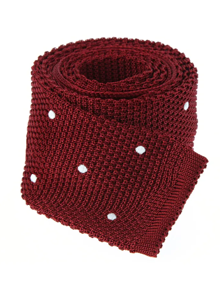 Cravate tricot en soie rouge grenat à pois blancs