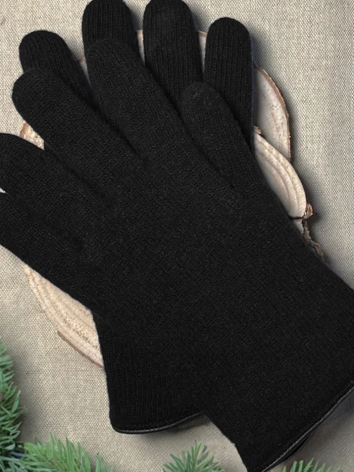 Gants en laine noirs doublure cachemire beige