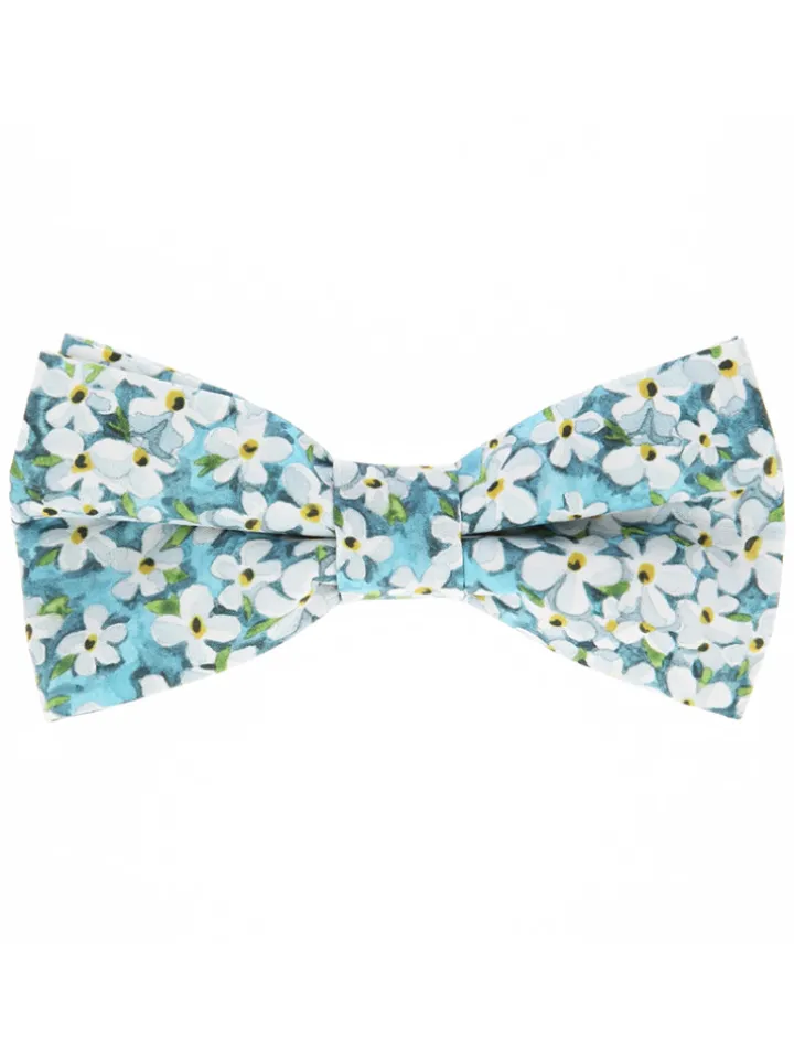 Noeud papillon liberty bleu lagon à fleurs blanches jasmin