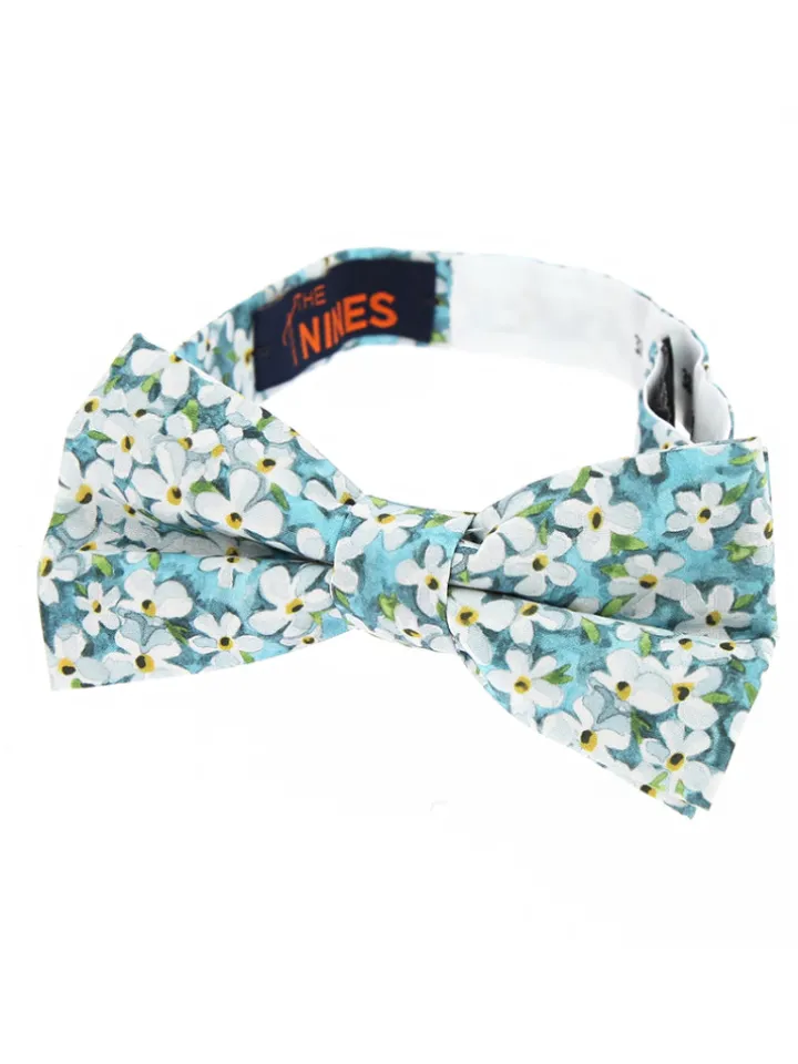 Noeud papillon liberty bleu lagon à fleurs blanches jasmin