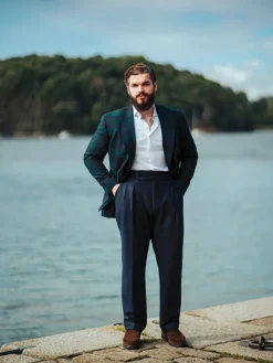 Pantalon taille haute en flanelle bleu marine Litha