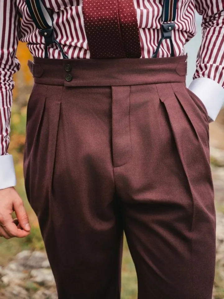 Pantalon taille haute en flanelle bordeaux Litha