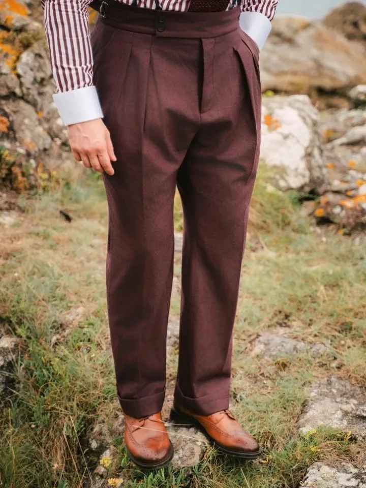 Pantalon taille haute en flanelle bordeaux Litha