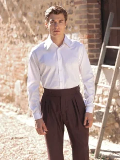 Pantalon taille haute en flanelle marron Litha