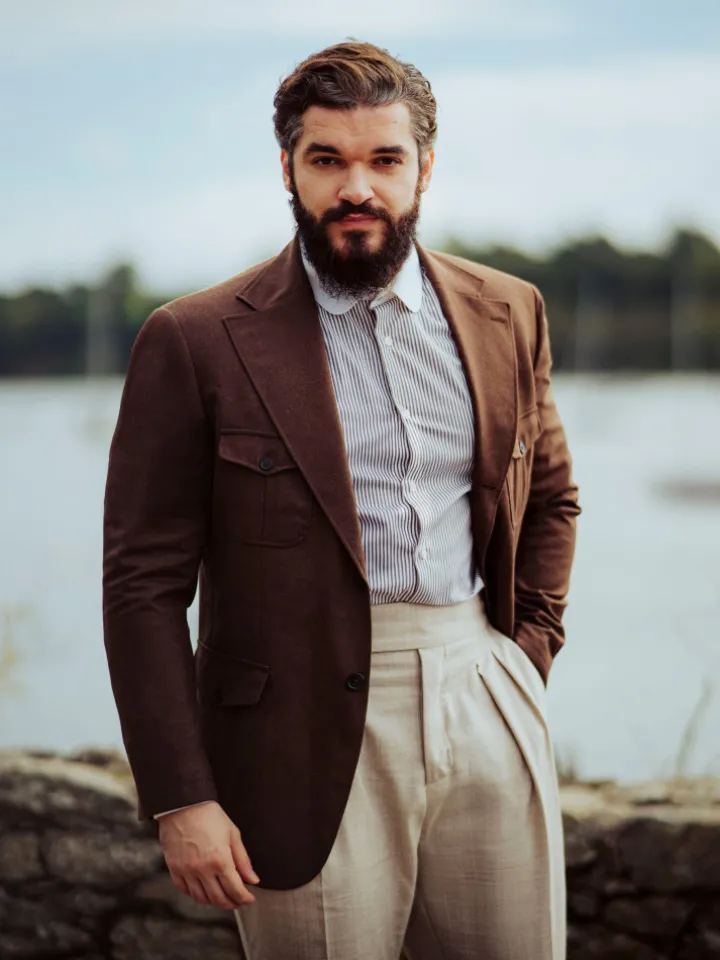 Pantalon taille haute en flanelle beige Litha