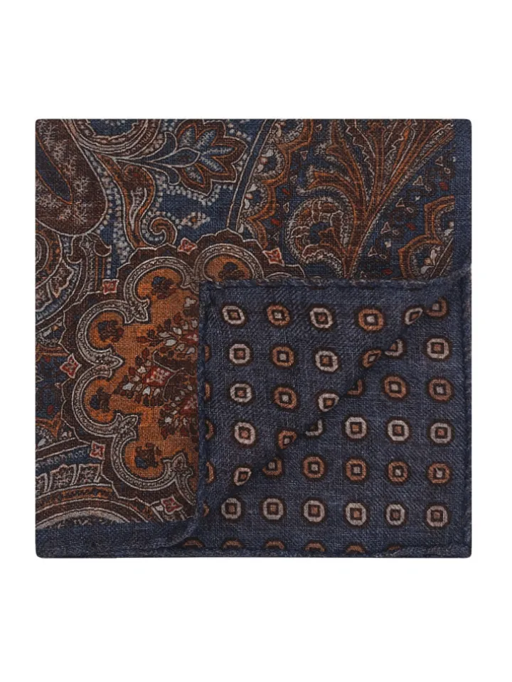 Pochette de costume à motif cachemire en laine réversible bleue