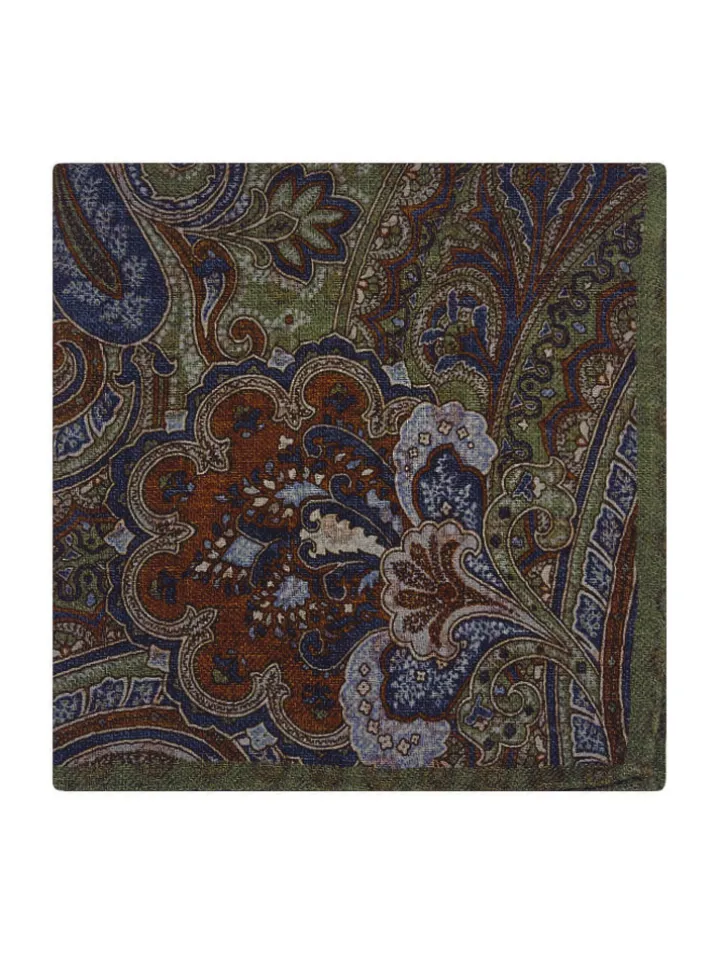 Pochette de costume à motif cachemire en laine réversible vert kaki