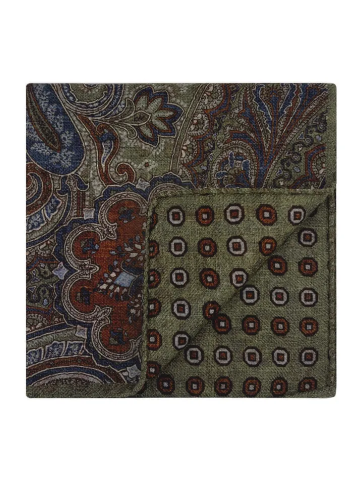 Pochette de costume à motif cachemire en laine réversible vert kaki