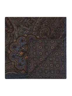 Pochette de costume à motif cachemire en laine réversible bleue et grise