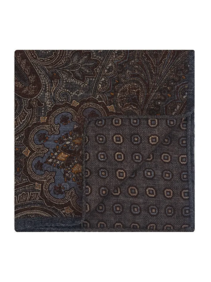 Pochette de costume à motif cachemire en laine réversible bleue et grise