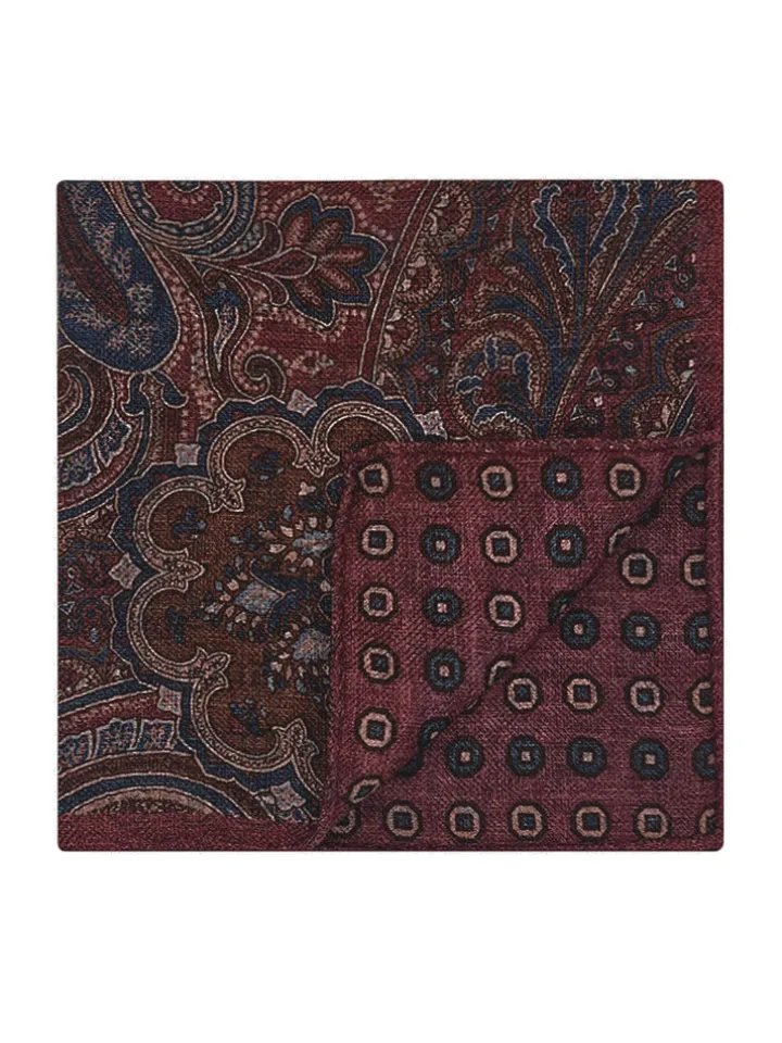 Pochette de costume à motif cachemire en laine réversible bordeaux