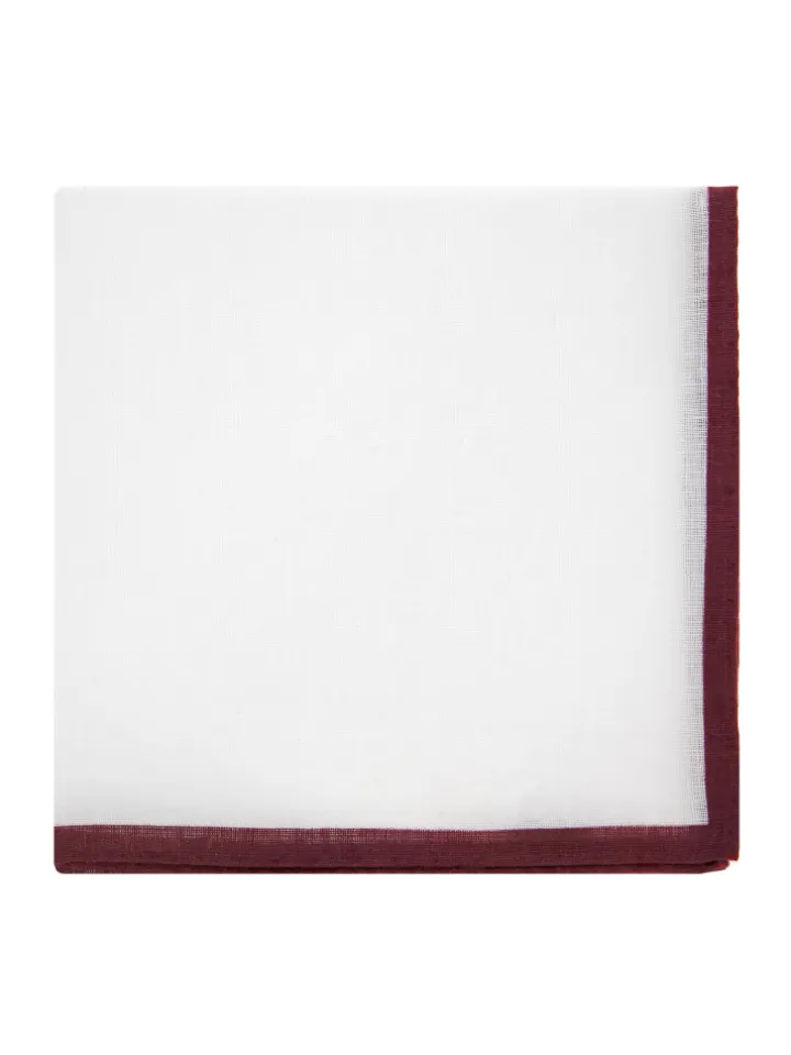 Pochette de costume en lin blanc avec ourlet bordeaux