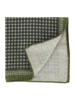 Pochette de costume en soie verte à motifs carrés bleu