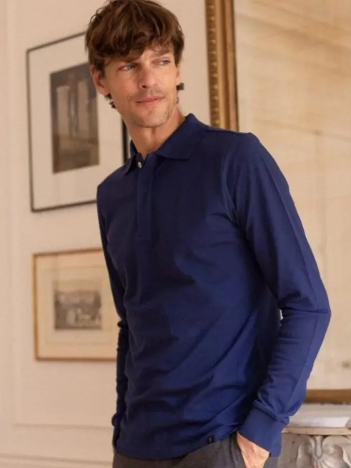 Polo manches longues en coton bio bleu nuit