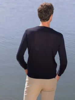 Pull col rond en laine vierge bleu marine