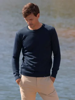 Pull col rond en laine vierge bleu orage